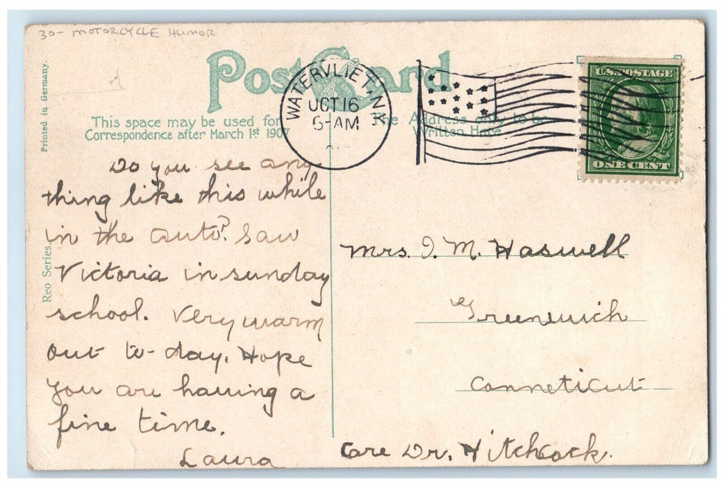 c1910s Raging Motorcycle Ducks Pig Humor Warning Approach Watervliet NY Postcard