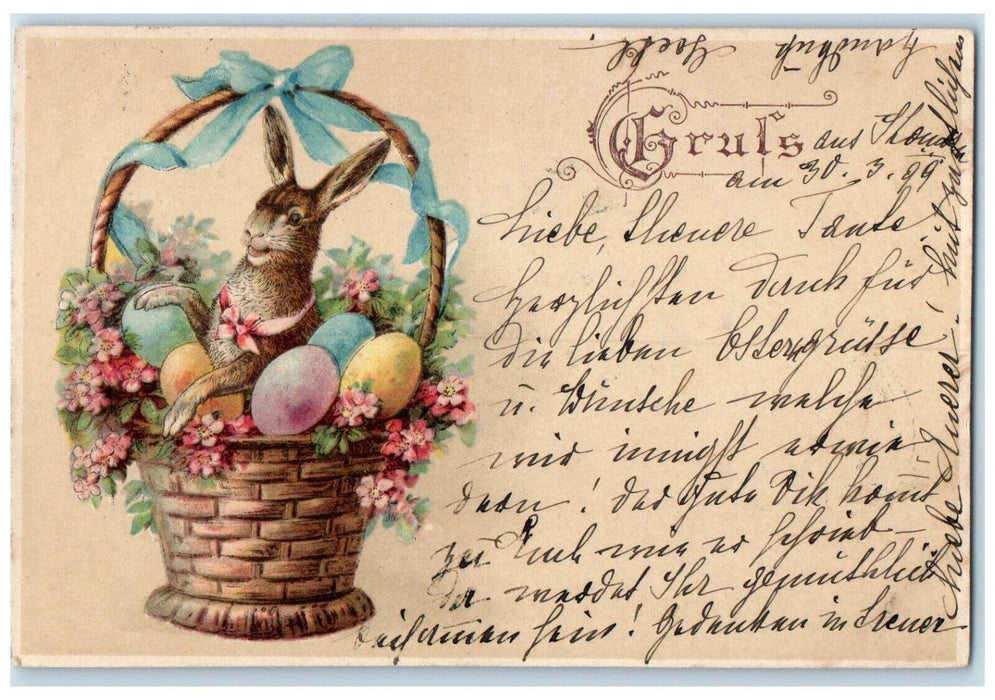 1899 Easter Rabbit And Flowers Eggs In Basket Germany Posted Antique Postcard