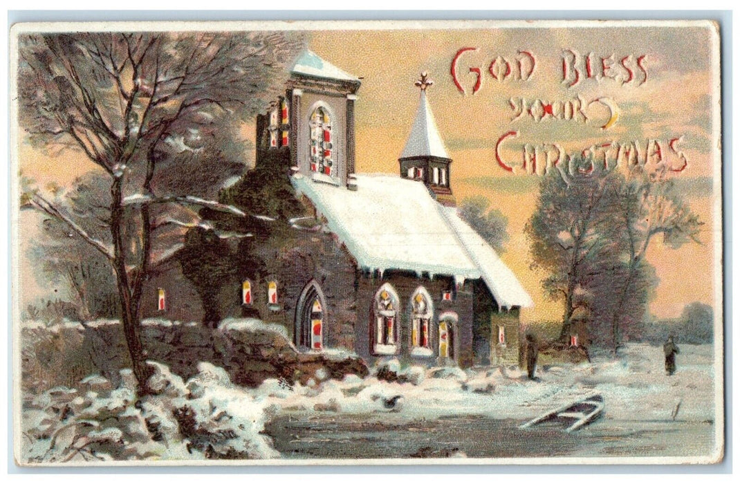 1908 Christmas Church In Winter HTL Hold To Light Chicago IL Antique Postcard