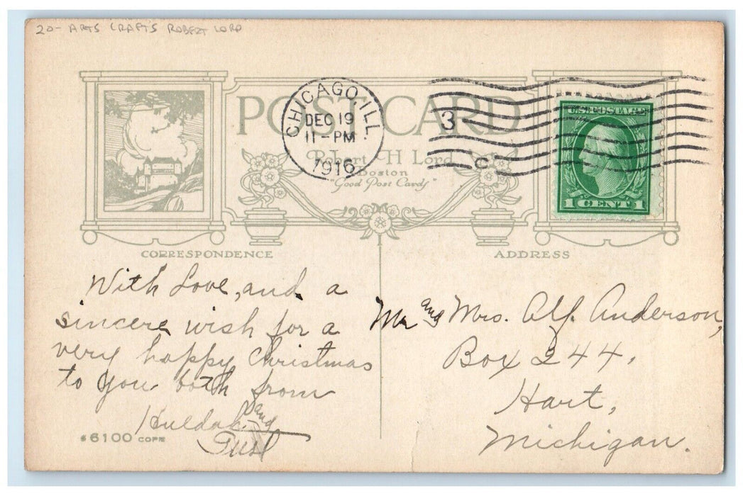 1916 Merry Christmas Arts Crafts Robert Lord Chicago Illinois IL Posted Postcard