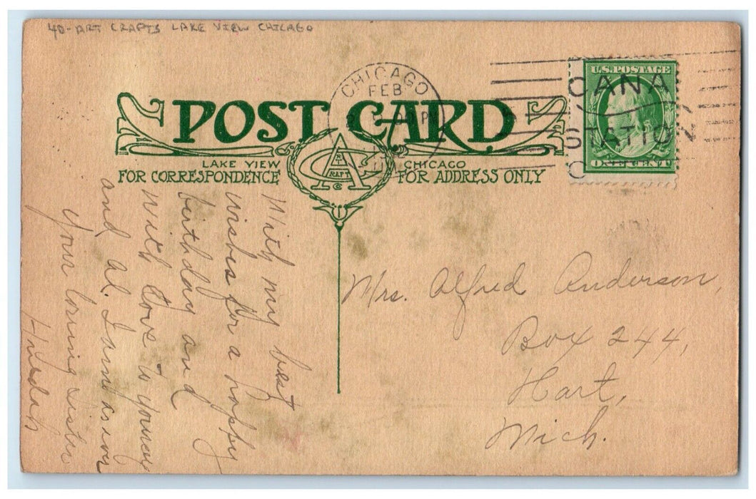1912 Birthday Flowers Arts Crafts Lake View Chicago Illinois IL Antique Postcard