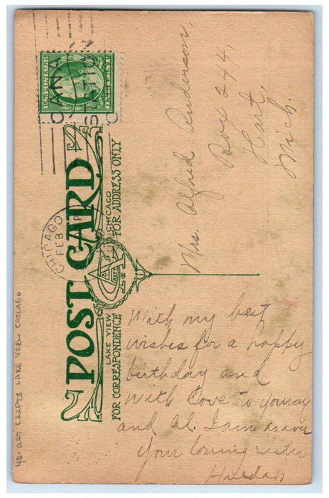 1912 Birthday Flowers Arts Crafts Lake View Chicago Illinois IL Antique Postcard