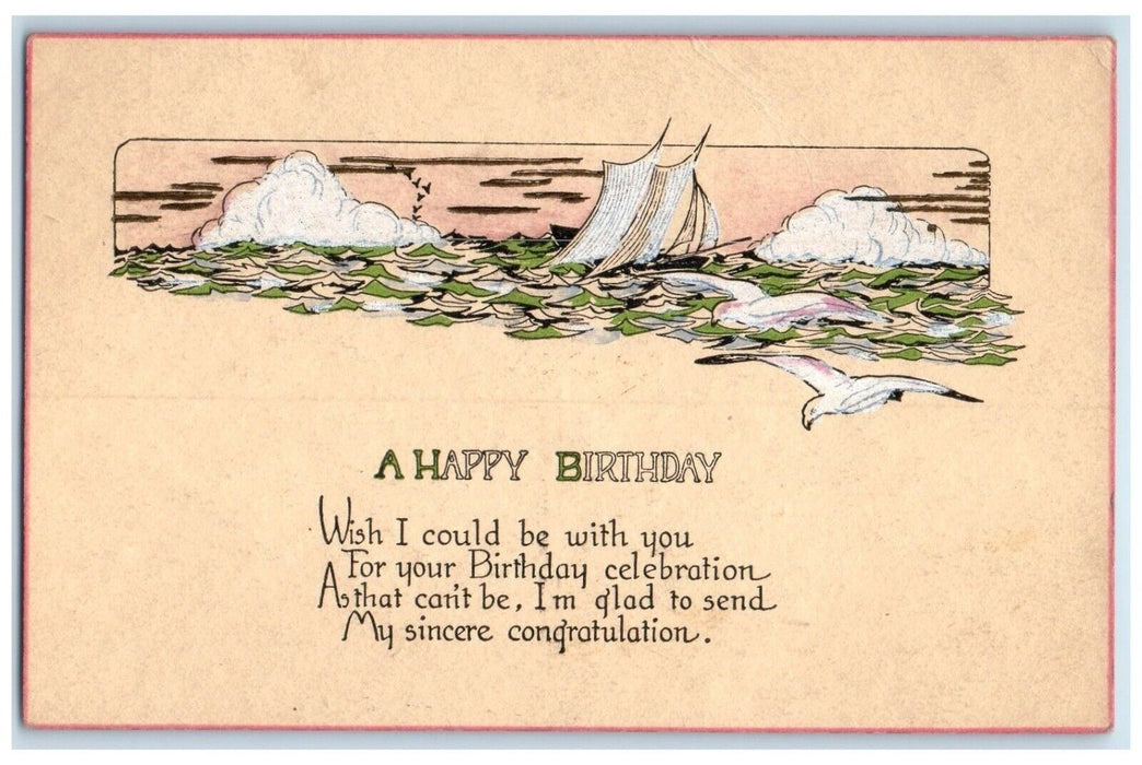 1919 Happy Birthday Sailboat Birds Arts Crafts Chicago Illinois IL Postcard