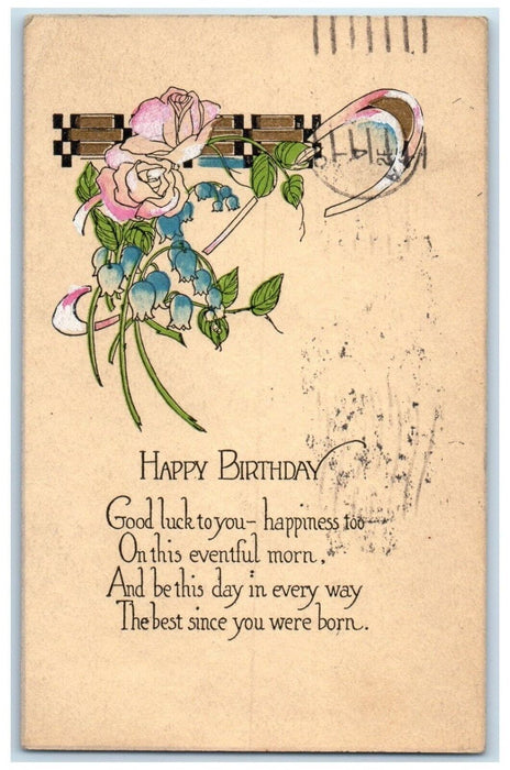 1919 Happy Birthday Roses Flowers Akron Ohio OH Posted Antique Postcard