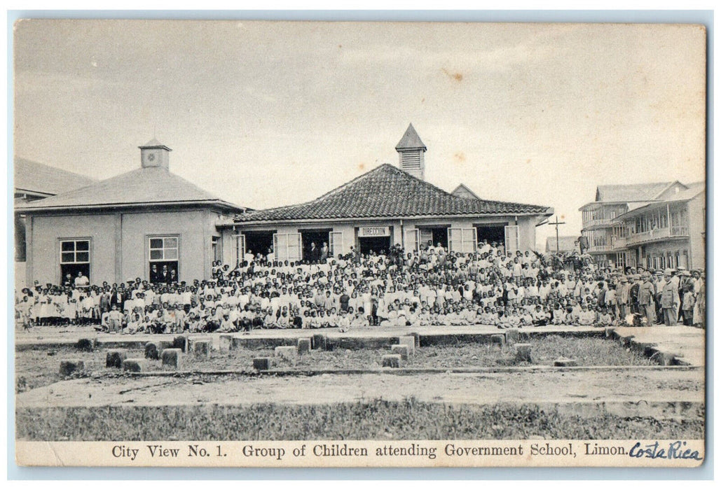 c1940's Group of Children Attending Government School Limon Costa Rica Postcard
