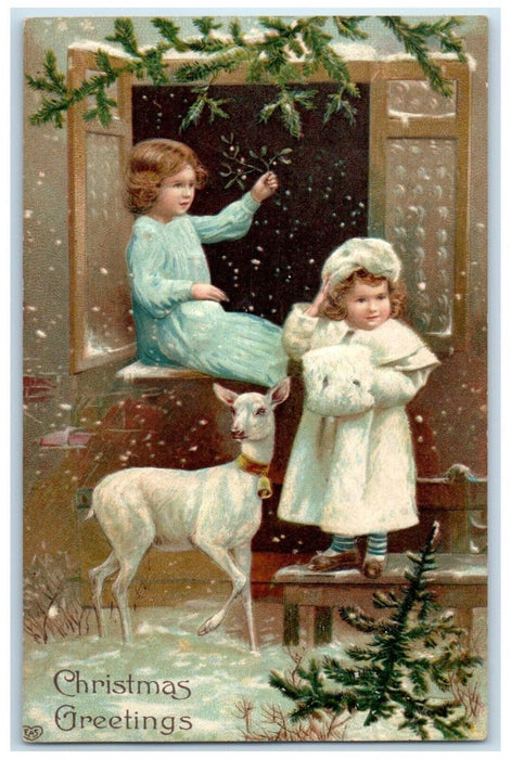 c1910's Christmas Greetings Children Handwarmer On Window Deer Embossed Postcard