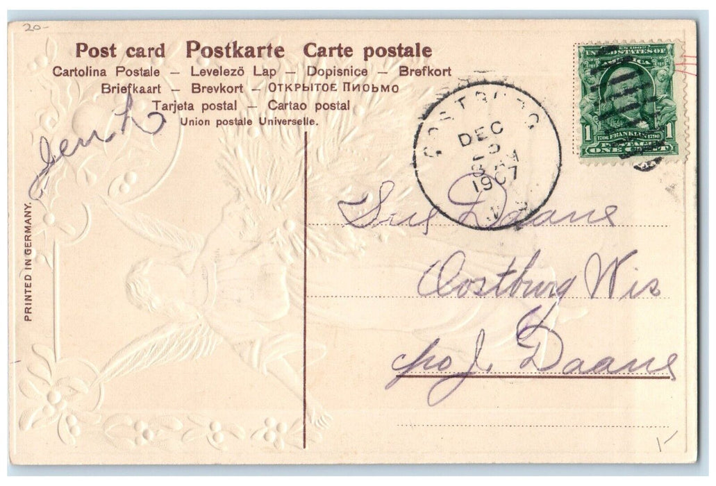 1907 Christmas Angel Mistletoe Ringing Bell Embossed Posted Antique Postcard