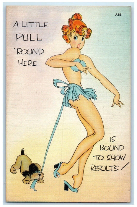 c1910's Greetings From Gaylord Michigan MI, Sexy Woman Dog Pull Skirt Postcard