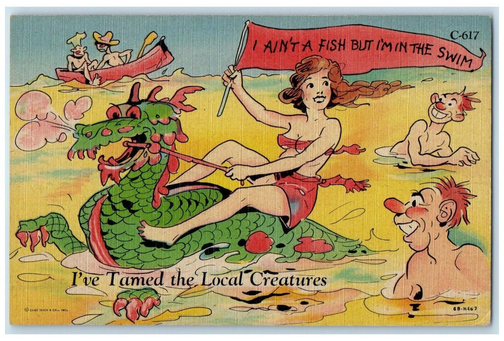 c1930's Woman Riding Crocodile Boat I've Tamed The Local Creatures Postcard