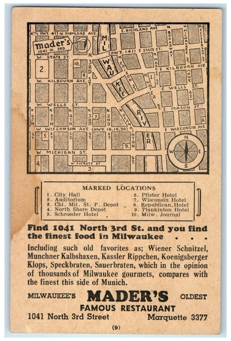 c1910's Mader's Famous Restaurant Milwaukee Wisconsin WI, Map Antique Postcard