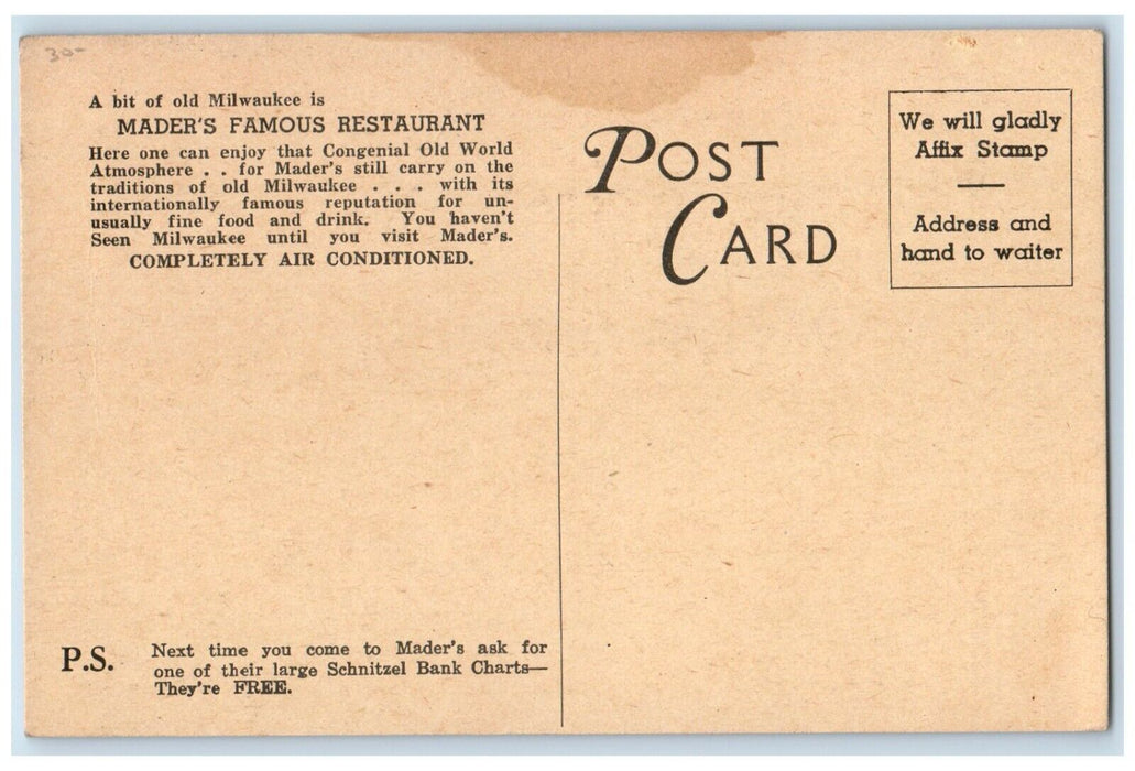 c1910's Mader's Famous Restaurant Milwaukee Wisconsin WI, Map Antique Postcard