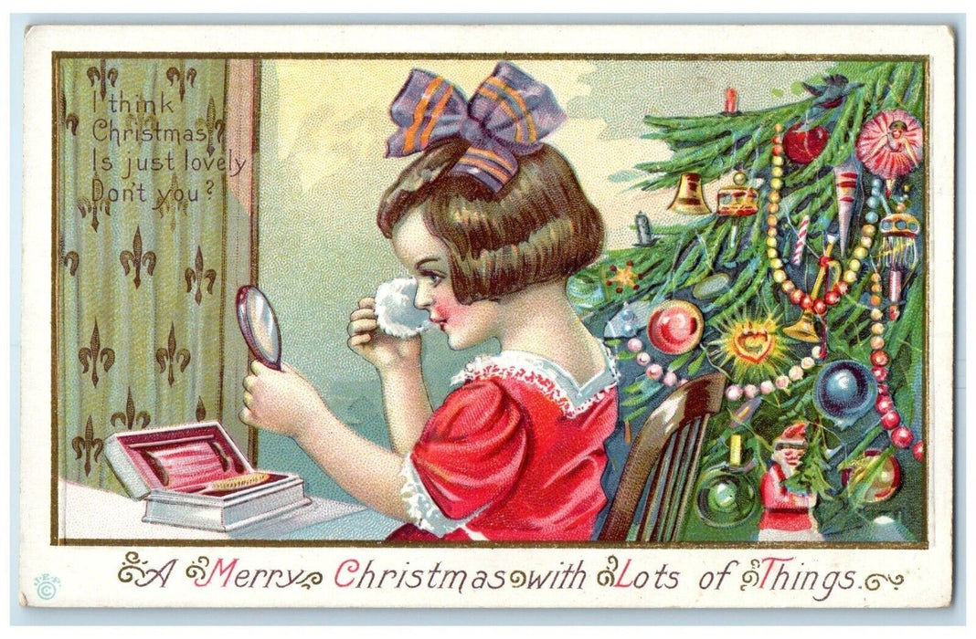 c1910's Christmas With Lots Of Things Girl Doing Make Up Mirrow Jewelry Postcard