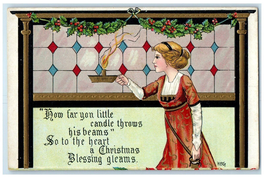c1910s Christmas Woman Holding Candle Lights Holly Berries HBG Embossed Postcard