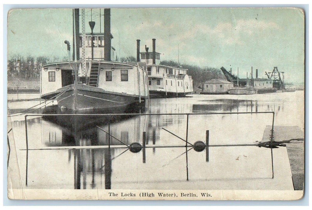 c1910 Locks High Water Steamer River Lake Berlin Wisconsin WI Vintage Postcard