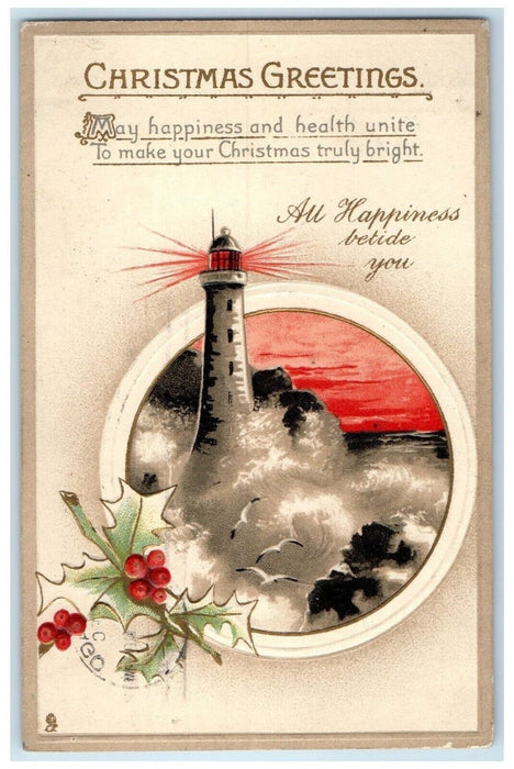 1911 Christmas Greetings Lighthouse Holly Berries Tuck's Chicago IL Postcard