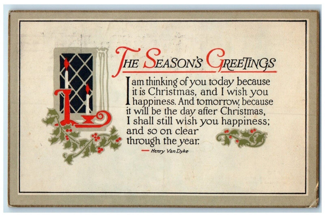 1917 Season's Greetings Candles Holly Berries Arts Crafts Boston Davis Postcard