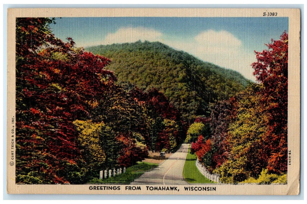 1951 Greetings From Road Street Fence Trees Mountain Tomahawk Wisconsin Postcard