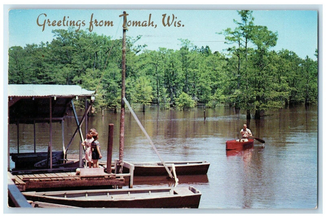 1954 Greetings From Vacationers Paradise Canoe Boat Tomah Wisconsin WI Postcard