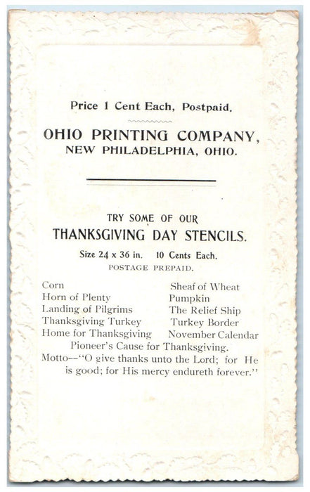 1904 Thanksgiving Poem Ohio Printing Company New Philadelphia OH Postcard