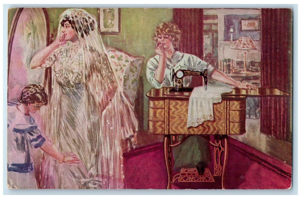 Woman Fitting Wedding Gown Mirror Free Sewing Machine Advertising Postcard