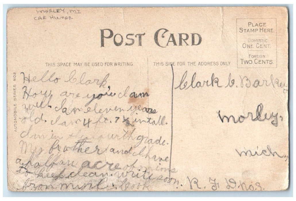c1910's Identification Of Car Illegible Number Winter Humor Morley MI Postcard