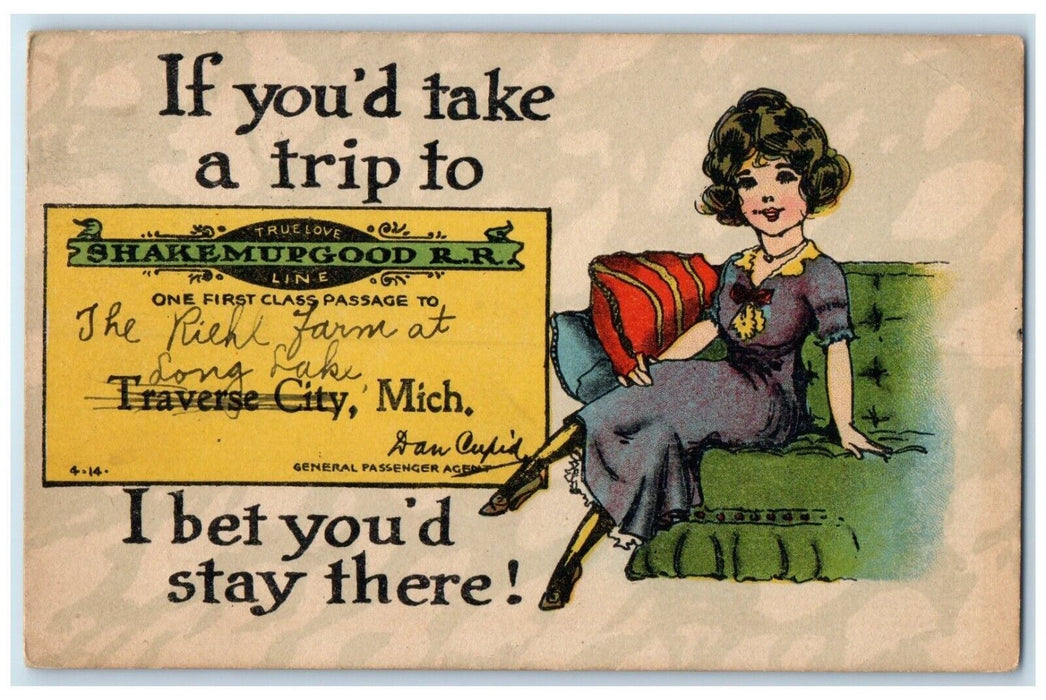 c1910's Woman Shakemupgood Railroad Long Lake Traverse City MI Postcard