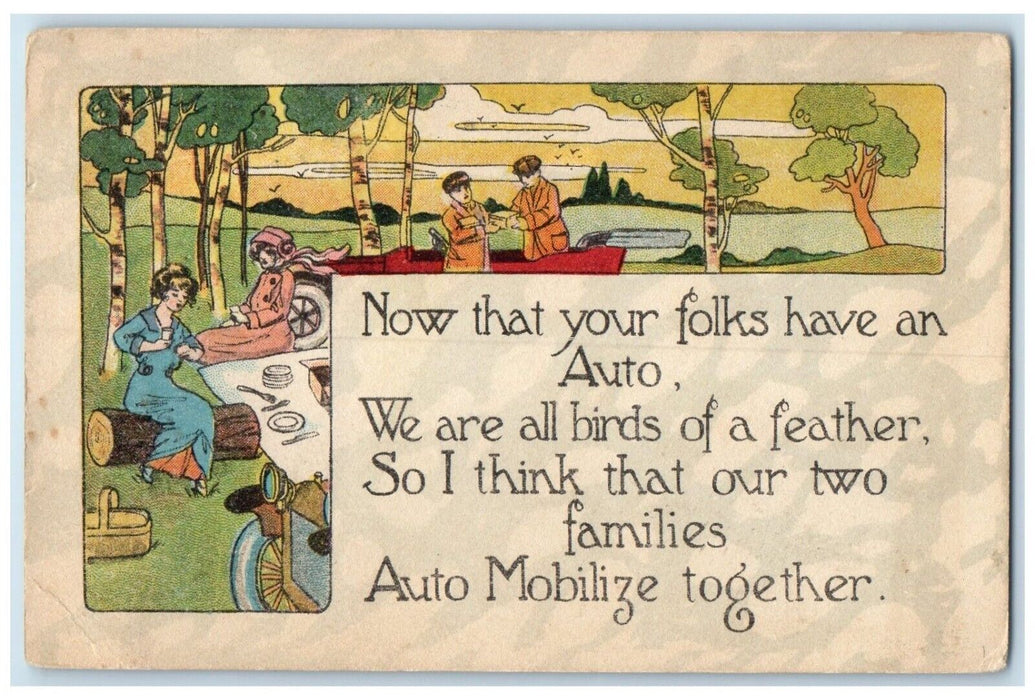 1915 Families Picnic Automobile Car Arts Crafts Humor Scottville MI Postcard