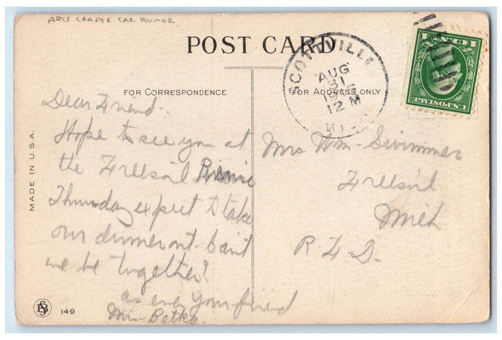 1915 Families Picnic Automobile Car Arts Crafts Humor Scottville MI Postcard