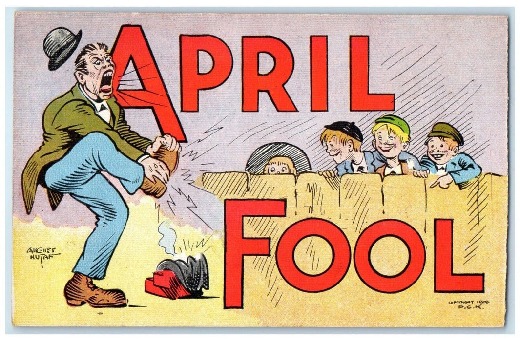 c1910's April Fool Children Trapped Man Shoe August Hutaf Antique Postcard