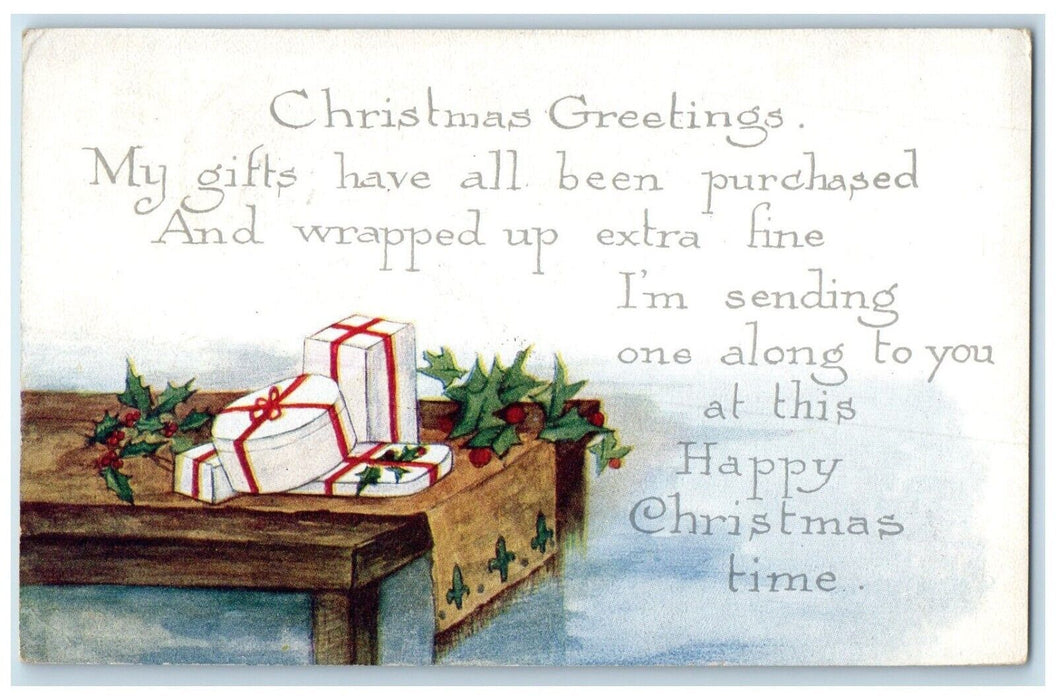 1912 Christmas Greetings Message Gifts And Holly Berries Custer MI Postcard