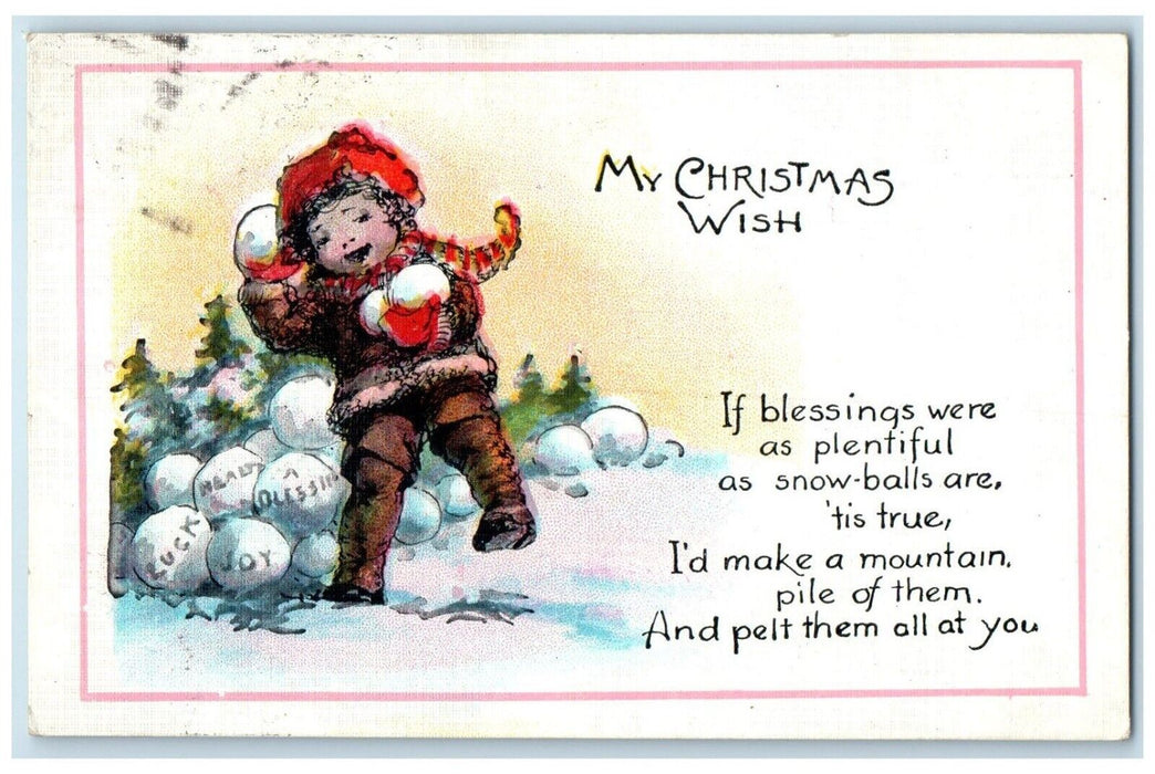 1923 Christmas Wish Boy Playing Snowballs In Winter Hart Michigan MI Postcard