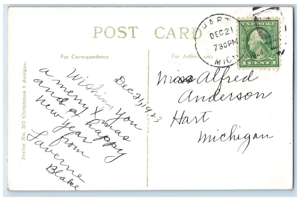 1923 Christmas Wish Boy Playing Snowballs In Winter Hart Michigan MI Postcard