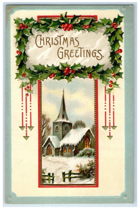 1912 Christmas Greetings House Chruch Winter Holly Berries Clapsaddle Postcard