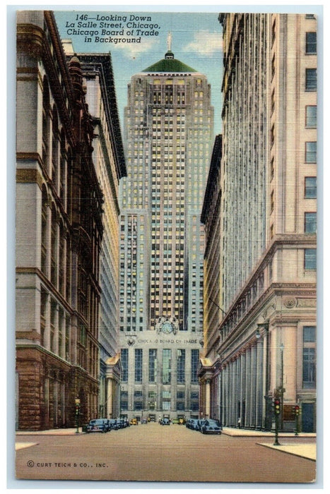 1943 Looking Down La Salle Street Chicago Board Trade Evanston Illinois Postcard