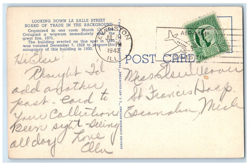 1943 Looking Down La Salle Street Chicago Board Trade Evanston Illinois Postcard