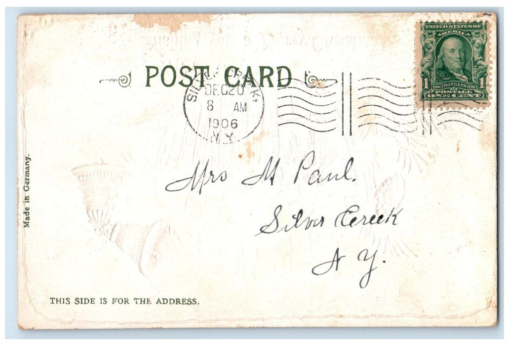 1906 Christmas Song Birds Bells Pine Cone Snowfall Silver Creek NY Postcard