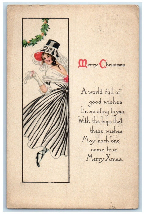 c1910's Merry Christmas Pretty Woman Big Hat Chicago Illinois IL Posted Postcard