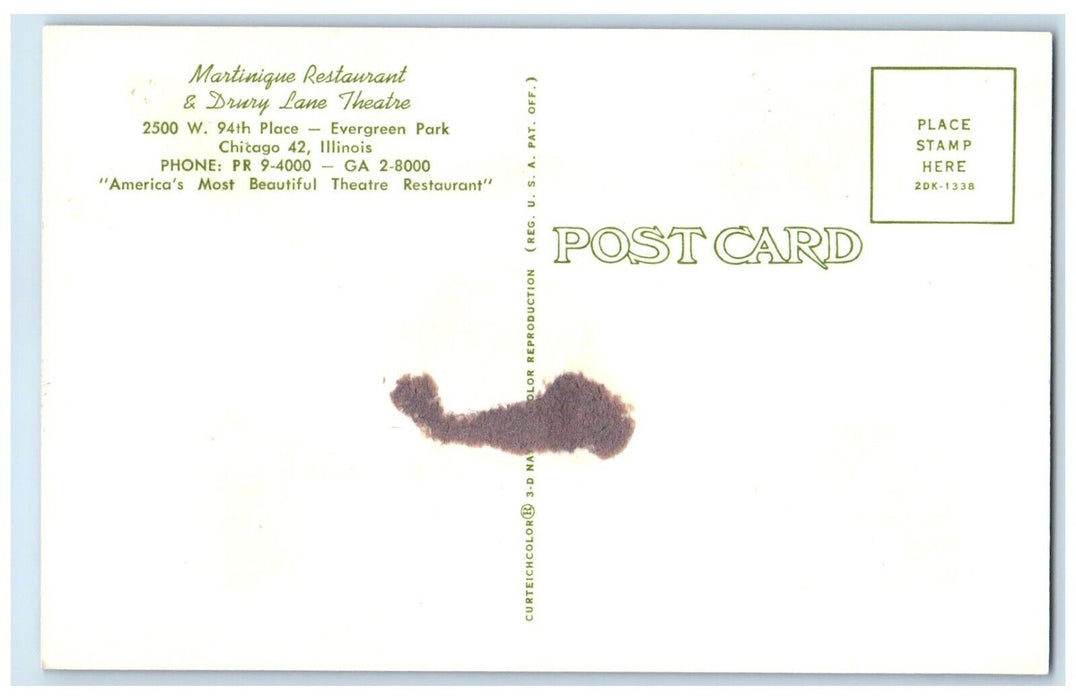 c1960 Martinique Restaurant Drury Lane Theatre Park Chicago Illinois IL Postcard