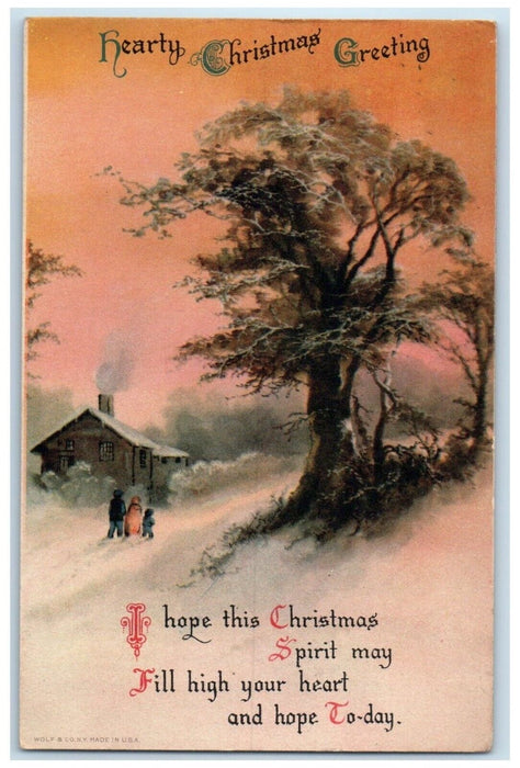 1924 Christmas Greetings Family House Chimney In Winter Trees Wolf Postcard