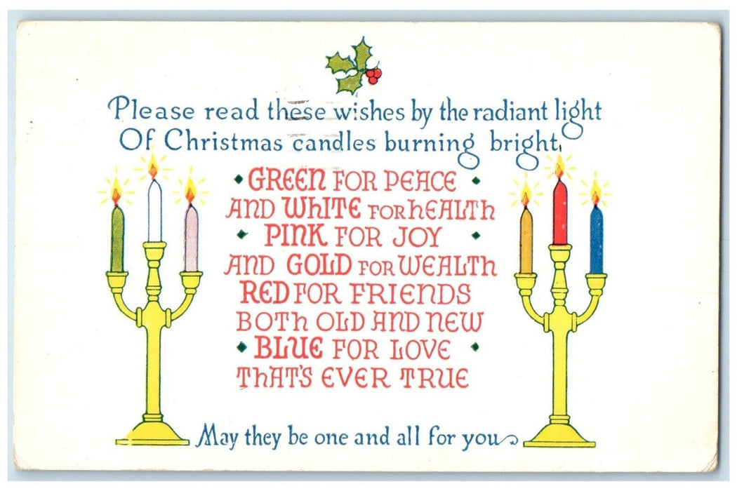 1925 Christmas Candles Burning Bright Colors Holly Berries Petoskey MI Postcard