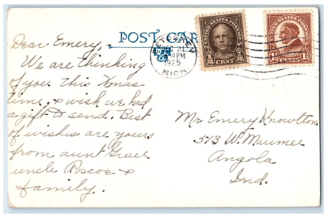 1925 Christmas Candles Burning Bright Colors Holly Berries Petoskey MI Postcard
