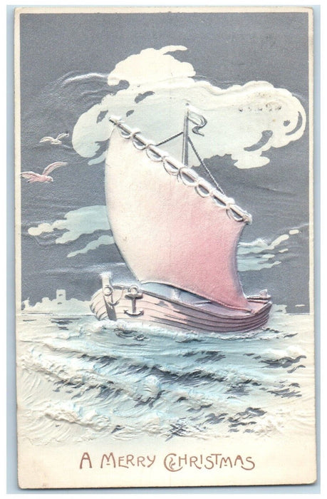c1910's Merry Christmas Schooner Boots Airbrushed Embossed Troy NY Postcard