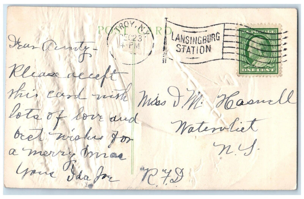 c1910's Merry Christmas Schooner Boots Airbrushed Embossed Troy NY Postcard