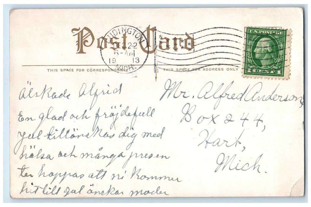 1913 Merry Christmas Angel And Children Sledding Winter Ludington MI Postcard