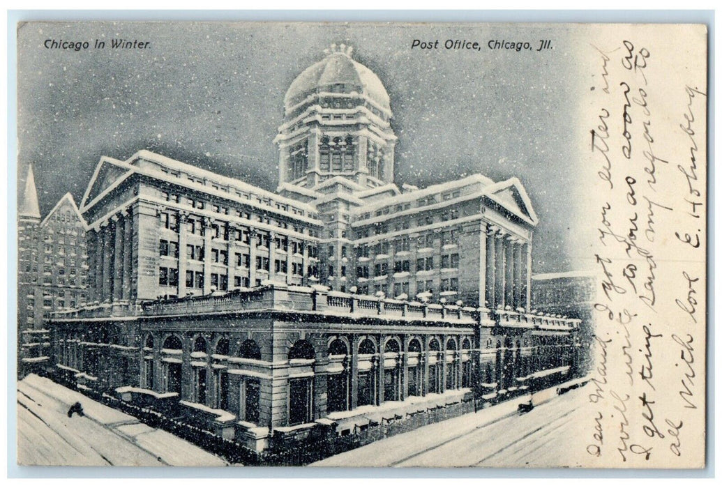 1907 Winter Scene Post Office Building Chicago Illinois Vintage Antique Postcard