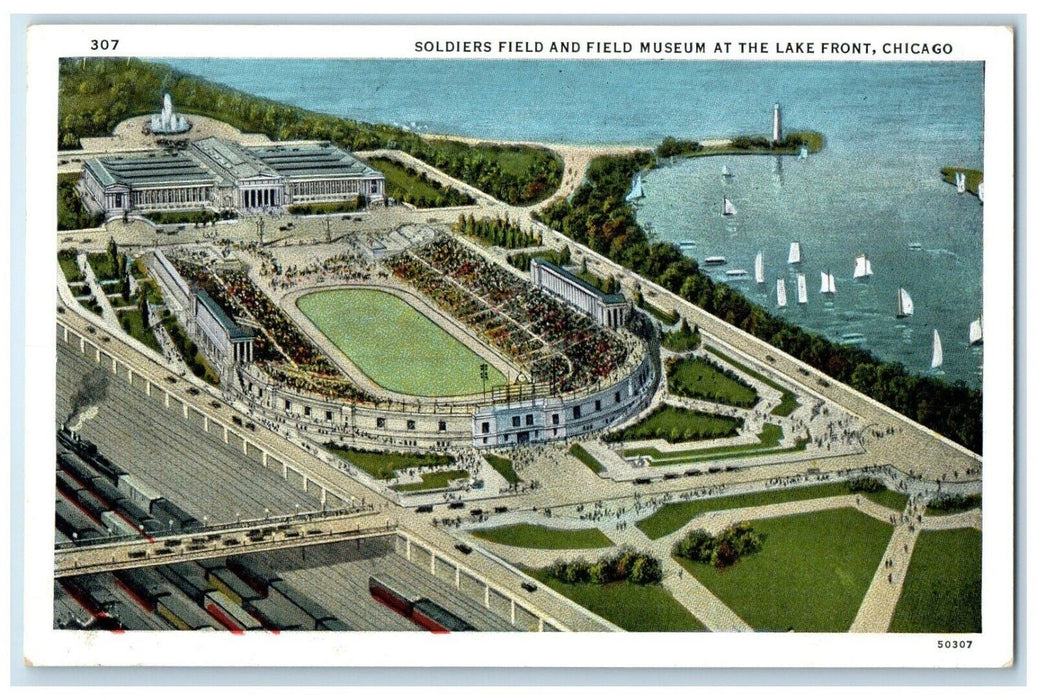 1920 Aerial Soldier Field Museum Lake Front Chicago Illinois IL Vintage Postcard
