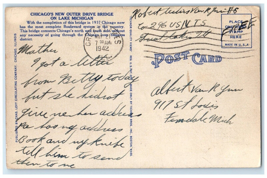 1942 Chicago's New Outer Drive Bridge Lake Michigan Boulevard Illinois Postcard