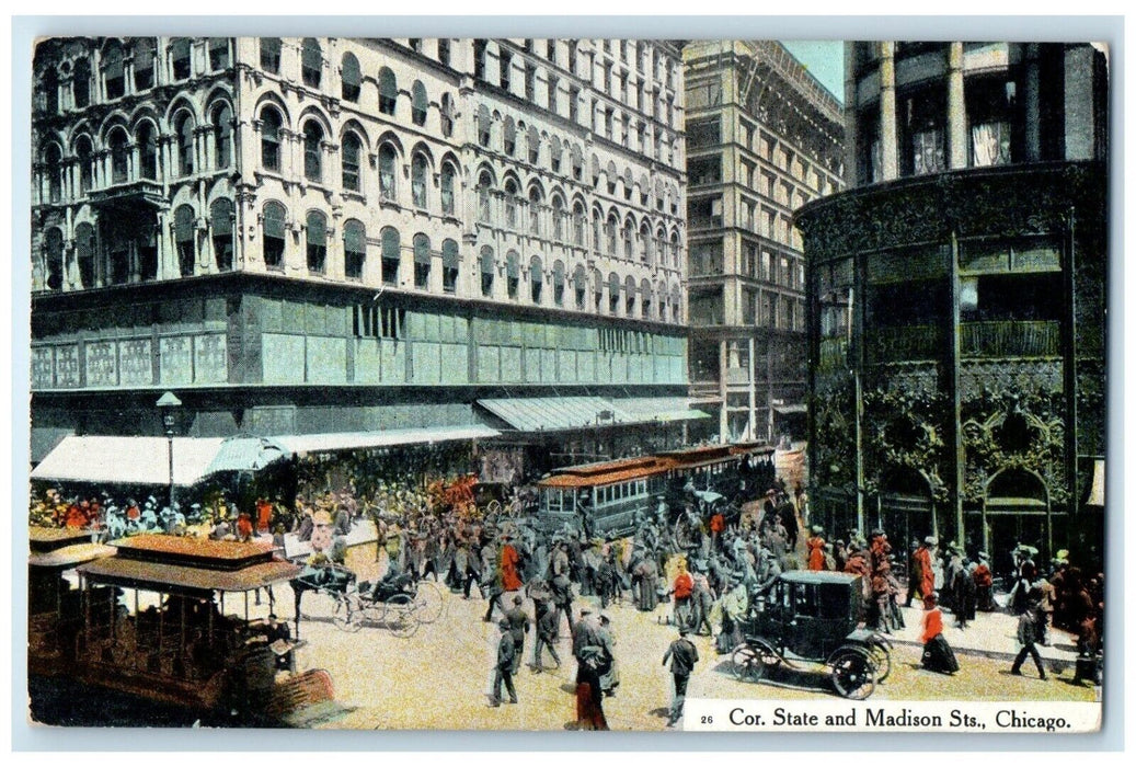 c1910 Cor. State Madison Sts. Exterior Streetcar Road Chicago Illinois Postcard