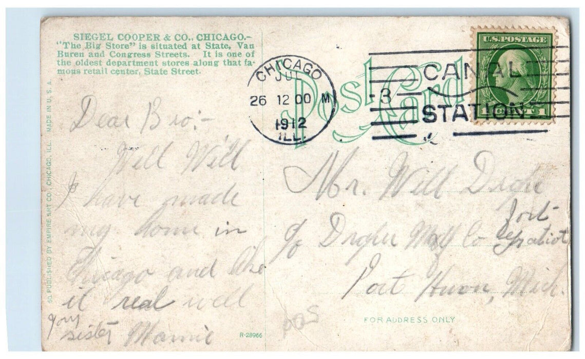 1912 Siegel Cooper Co. Big Store Exterior Building Chicago Illinois IL Postcard