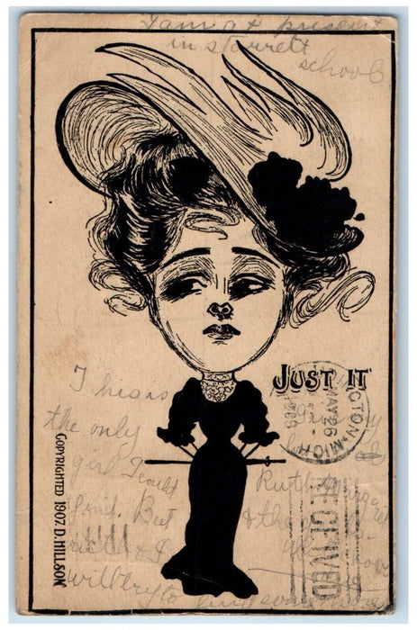 1908 Woman Big Hat Flowers Just It Chicago Illinois IL Posted Antique Postcard